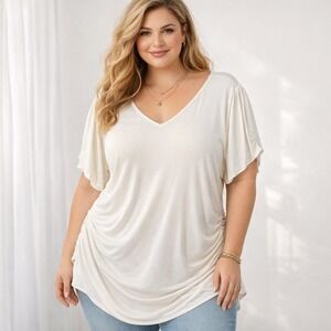 Soft Surrounds Womens 1X Cream Ruched Side V-Neck Short Sleeve Top